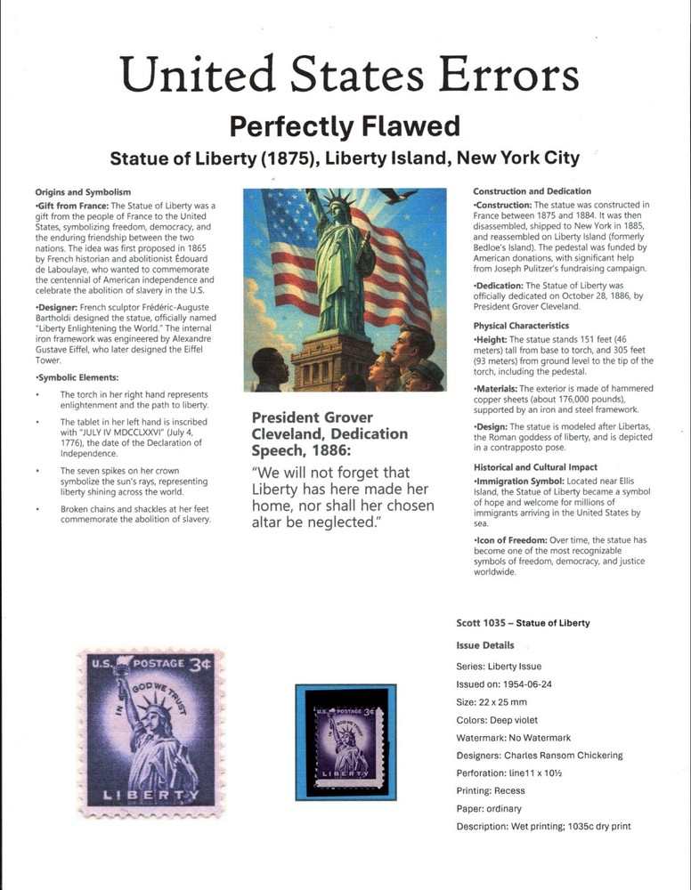 Perfectly Flawed SN 1035 MNH - Misperf on Presentation Panel 8.5” X 11”