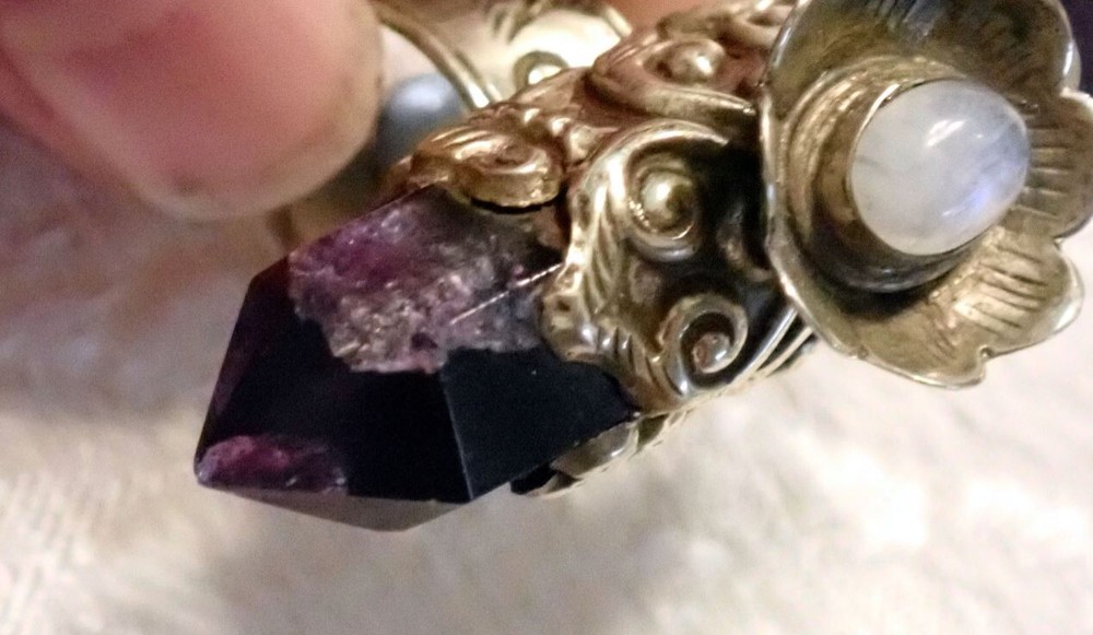 Purple Fluorite double point Ring with Moonstone adjustable