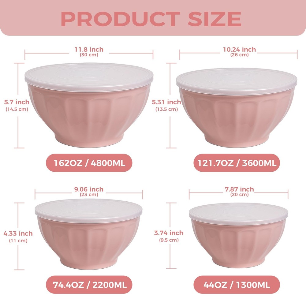 4 Pack Plastic Mixing Bowls with Lids Set Large Nesting Bowl Pink
