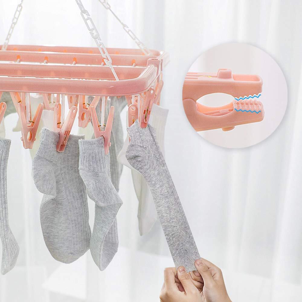 Foldable Clip Drip Hanger Plastic Drying Rack with 32 Clips for Underwear Socks