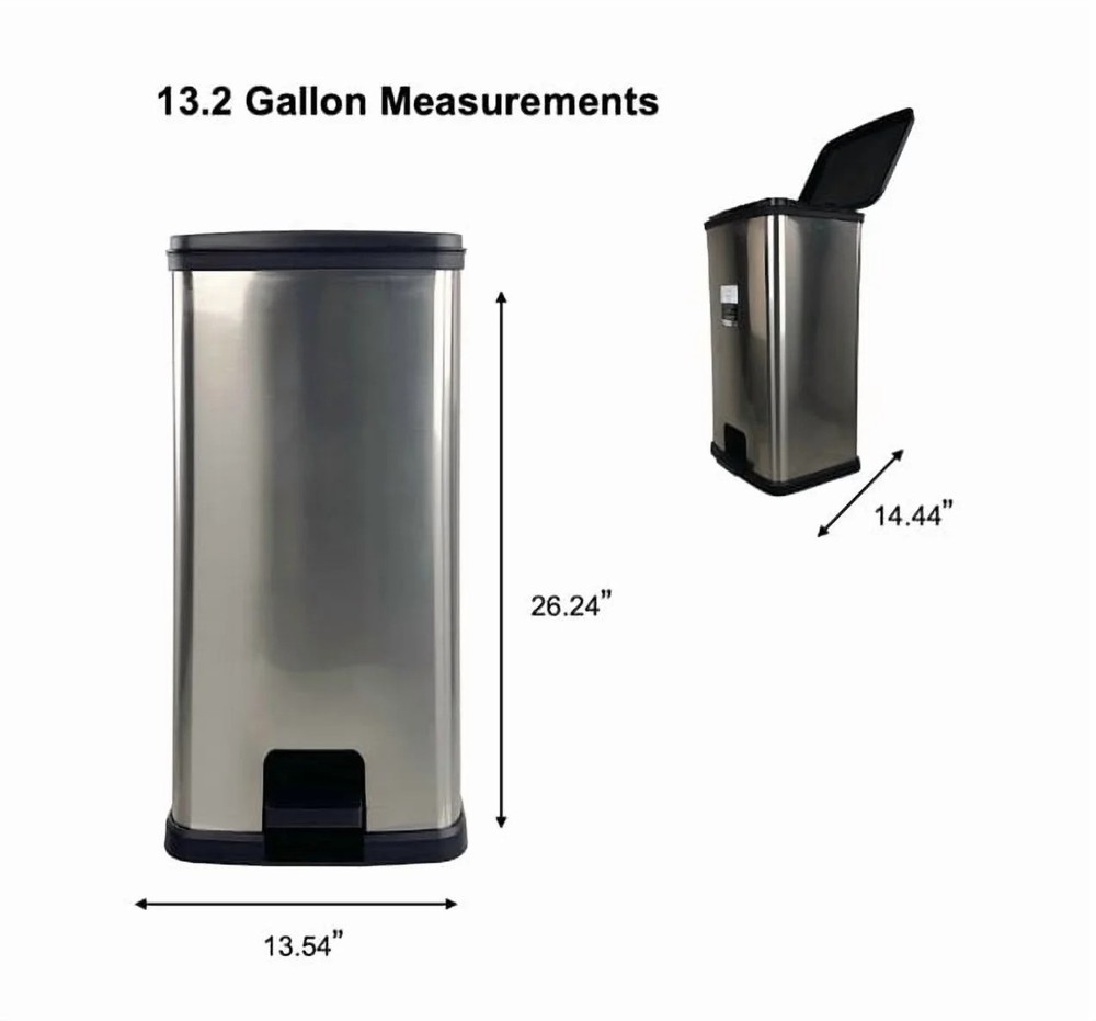 Mainstays Kitchen Trash Can, 13.2 Gallon Plastic Step Garbage Bin with Lid, Silv