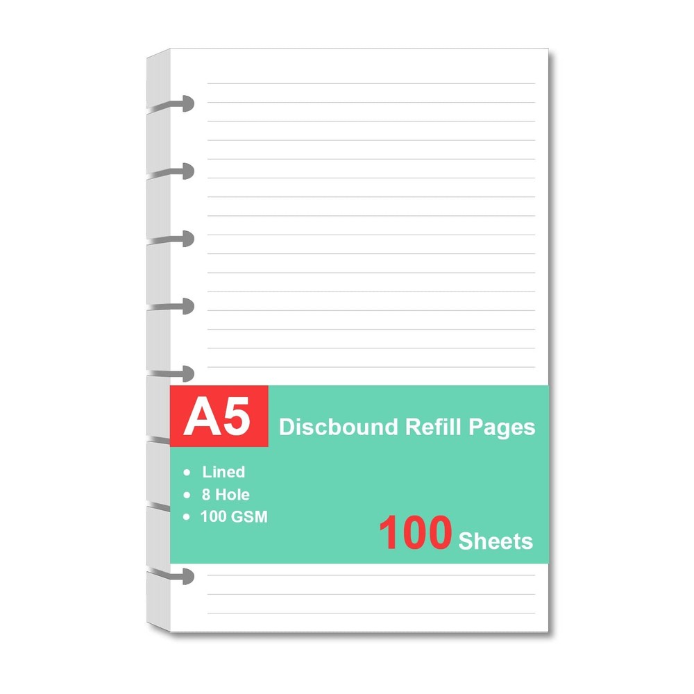 Junior Size Refills Paper, A5 Loose Leaf Paper for 100 Sheets, Clear,White