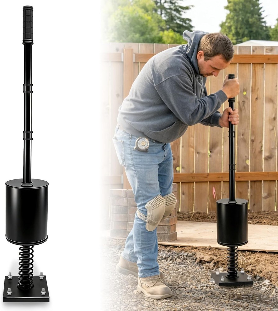 Heavy Duty Tamper Tool, Fillable Steel Base, Buffer Spring, Adjustable Handle