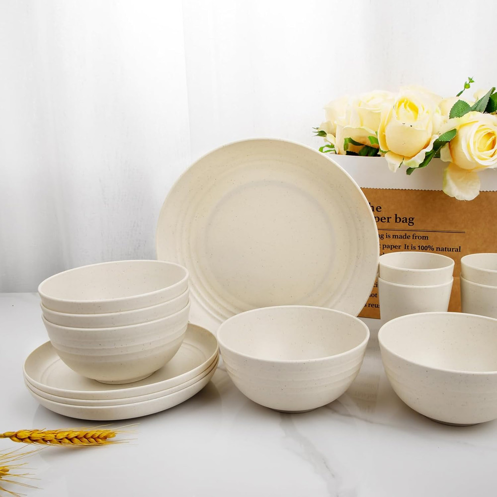 24 Pcs Wheat Straw Dinnerware Sets, Unbreakable Reusable Plastic Wheat Straw Bow