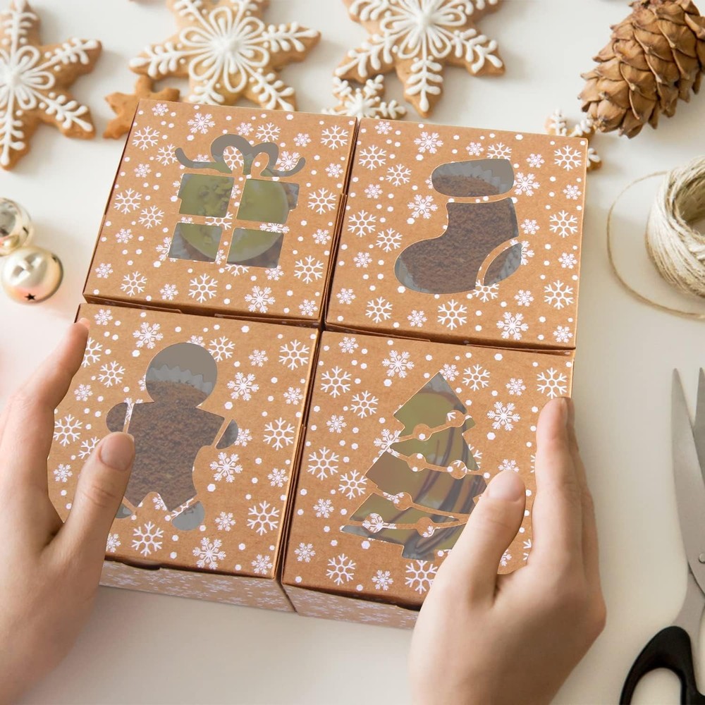 DERAYEE 24Pcs Christmas Cookie Boxes with Window, Holiday Bakery Gift Brown