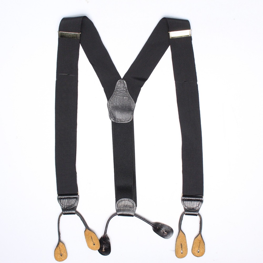 English Grossgrain Braces Suspenders Mens Solid Black Lizard Print Leather