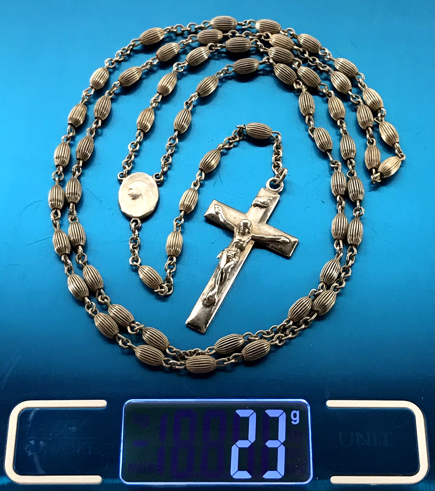 ANTIQUE ALL SOLID STERLING SILVER ROSARY by GOLDI KAPLAN - 23gm 20.5" - SWEDEN