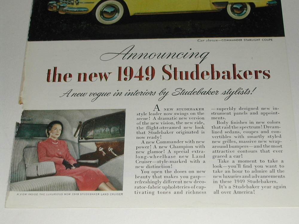 1949 Studebaker advertisement, STUDEBAKER Commander Starlight Coupe color photo