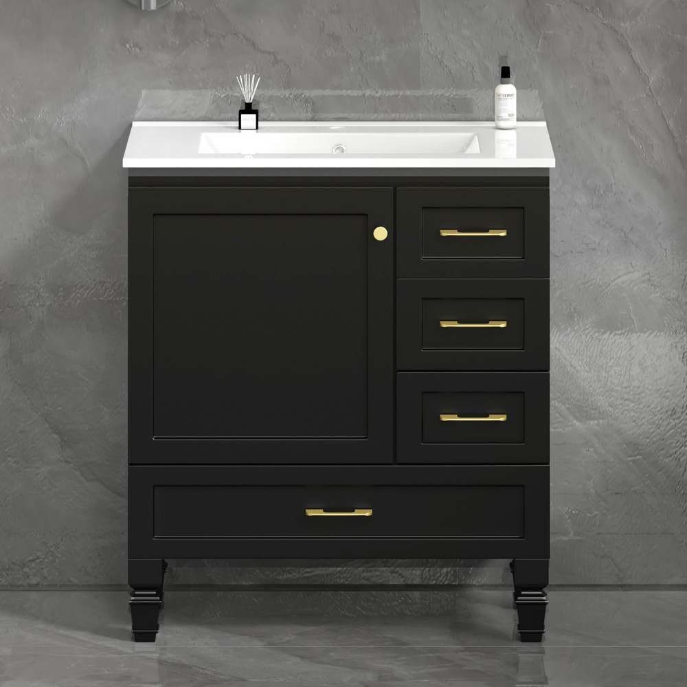 30" Black Bathroom Vanity w/ Soft Close Doors & 3 Drawers