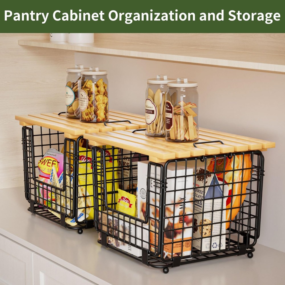 GGIU Stackable Pantry Basket: Kitchen Counter Organizer for Vegetables, Black