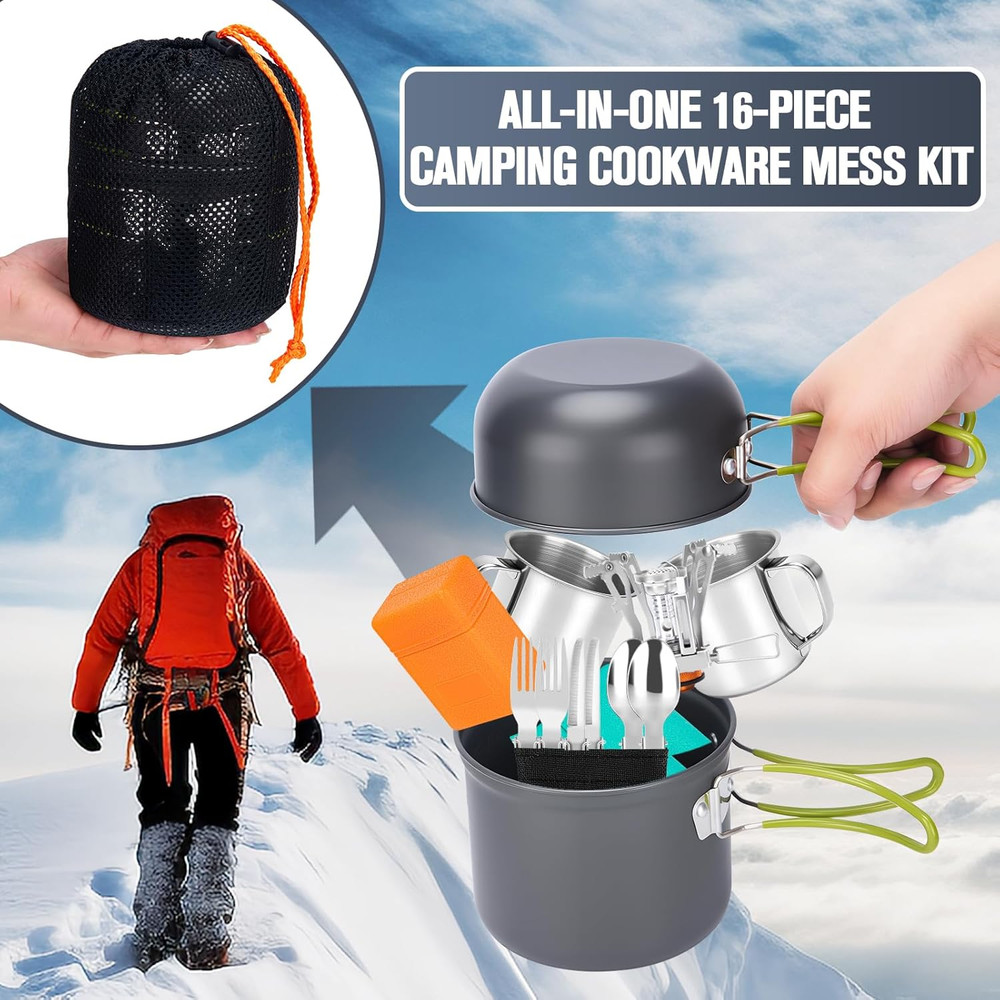 Camping Cookware Set, 16Pcs Lightweight Backpacking Mess Kit with Camping Pots a