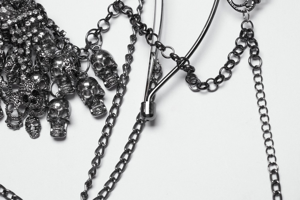 Gothic Moon Crescent Spiked Crown Headpiece with Beaded Fringe
