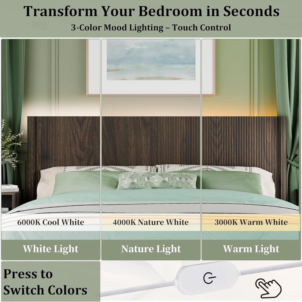 King Size Headboard Only, Modern Fluted Wall-Mounted Head Board with Lighting, B