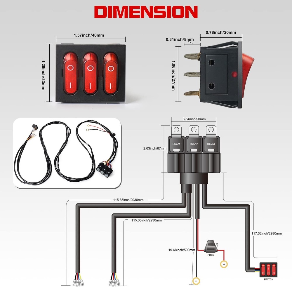12V 4 Wire LED Side Shooter Pods Wiring Harness Kit with 3 On/Off Switches fo...