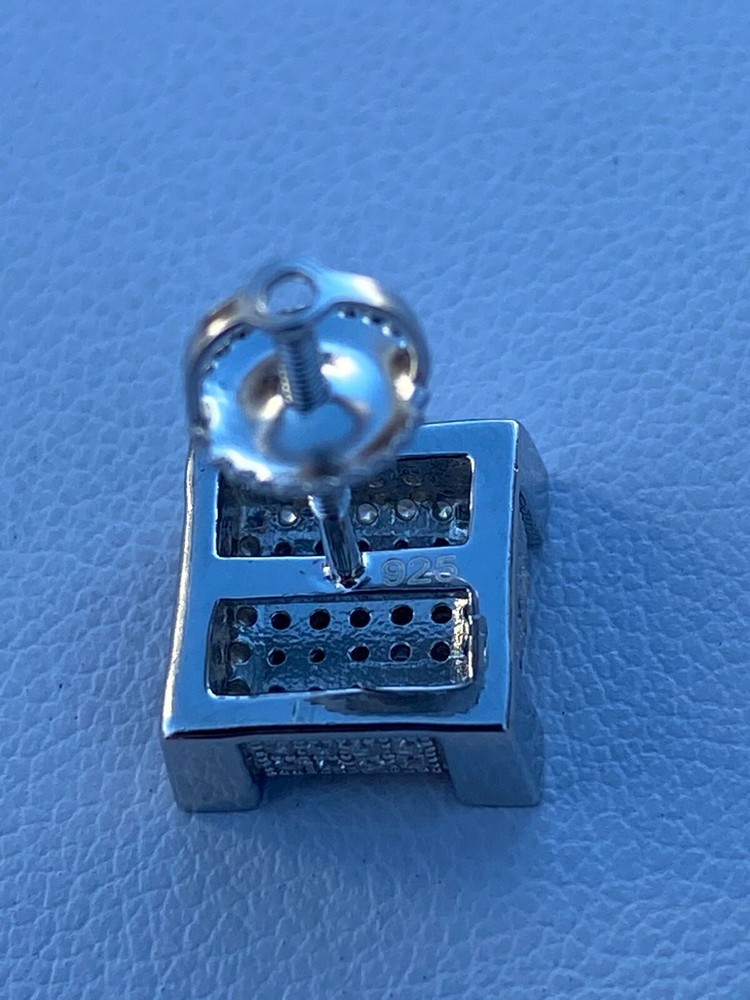 Mens Real Solid 925 Silver Iced CZ Hip Hop Earrings Studs Screw Back Cube