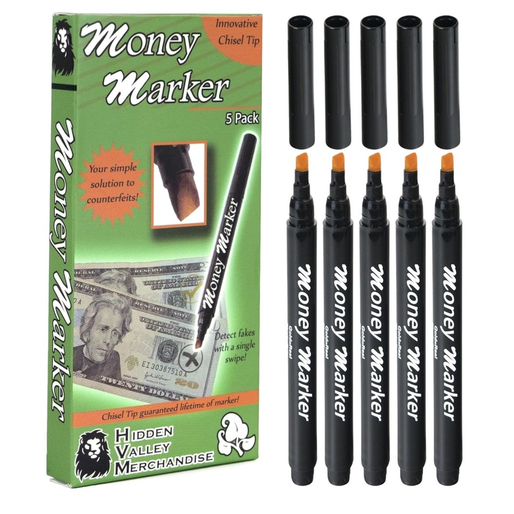 Chisel Tip Counterfeit Money Detector Pens - 5 Pack for Secure Transactions