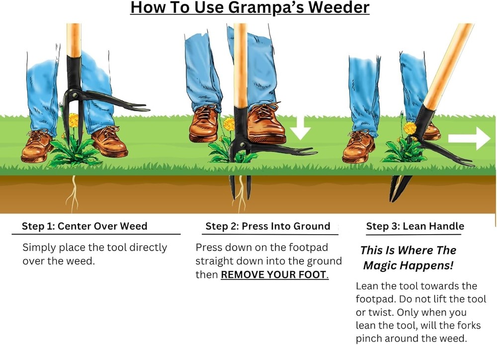 Grampa's Stand Up Weed Puller Tool - 46" Bamboo Handle & 4-Claw Steel