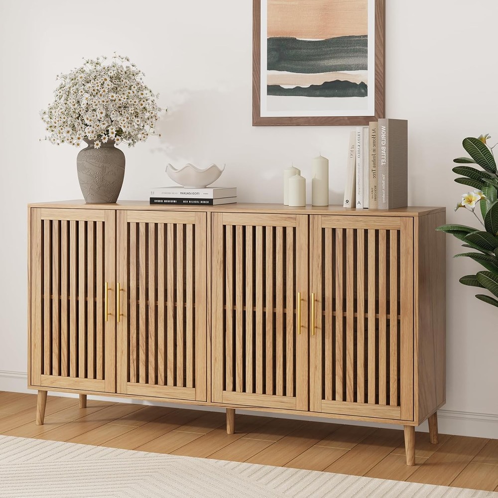63" Long Sideboard Buffet Slatted Doors, Farmhouse Buffet Stora Cabinet