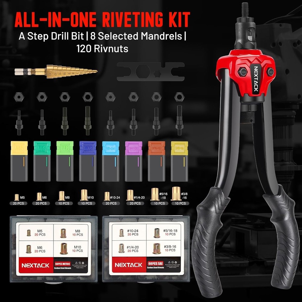 Rivet Nut Tool Kit w/ Step Drill Bit 120 Nutserts, Heavy Duty Rivnut Tool Set