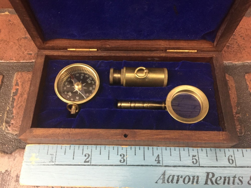 Vintage Navigation Set, Telescope, Compass, Magnifying Glass