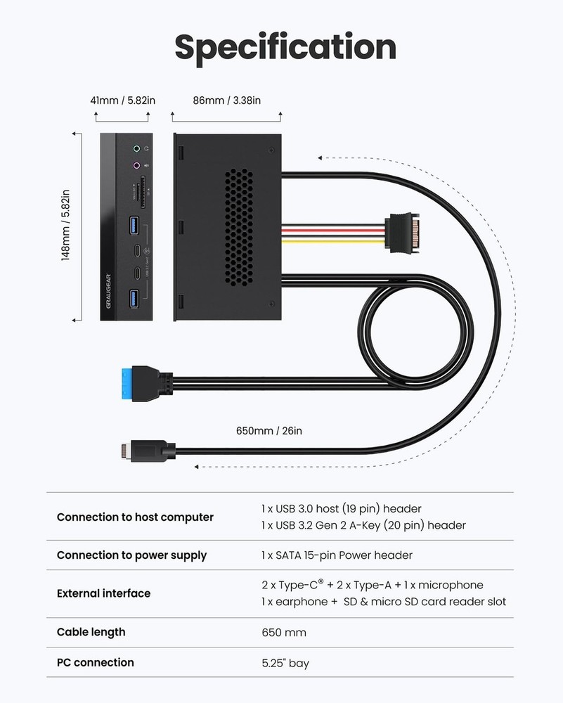GRAUGEAR 5.25" PC Front Panel USB Hub - 10Gbps USB-C Ports, Dual USB 3.0, SD/...