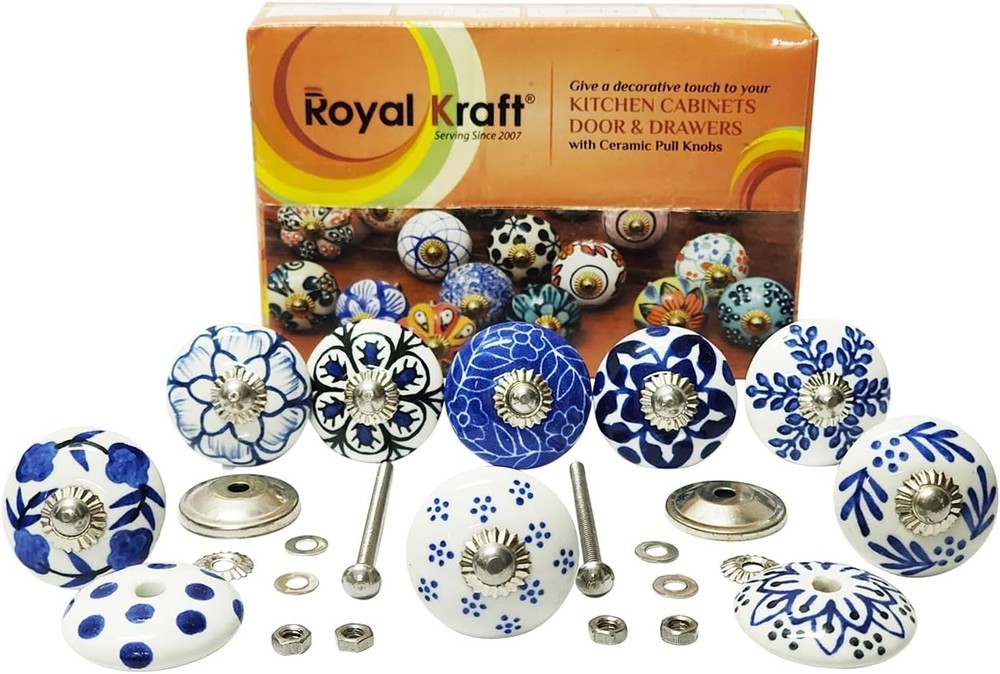 Vintage Blue Hand Painted Ceramic Pull Knobs for Kitchen Cabinet, Door & Draw...