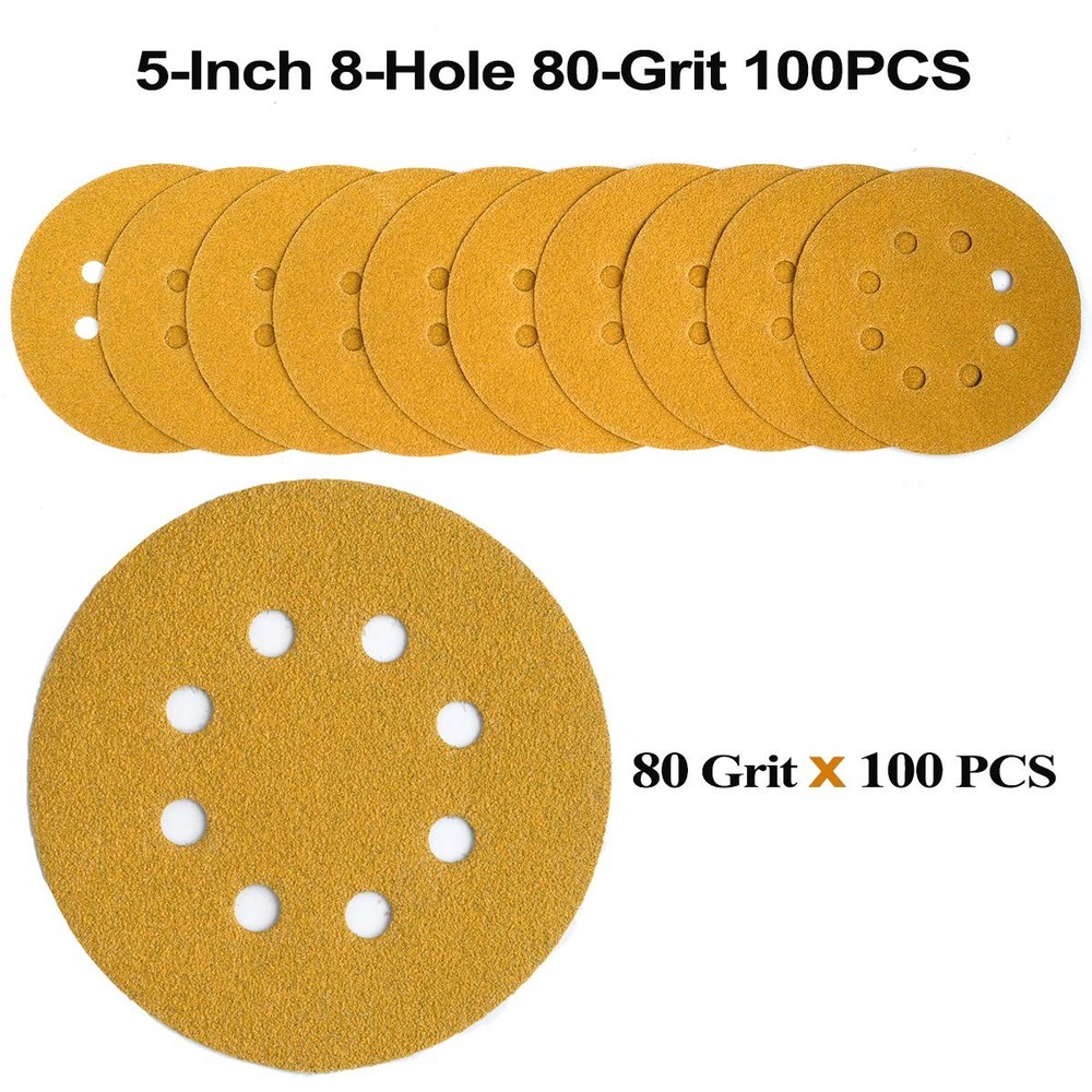 100PCS 5 inch Sanding Discs 80 Grit Hook Loop 8-Hole Sandpaper Hook and Loop US