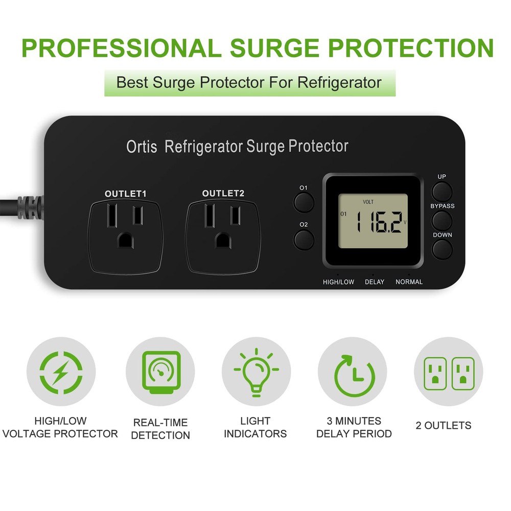 Refrigerator Surge Protector, Ortis Double Outlet Electronic black