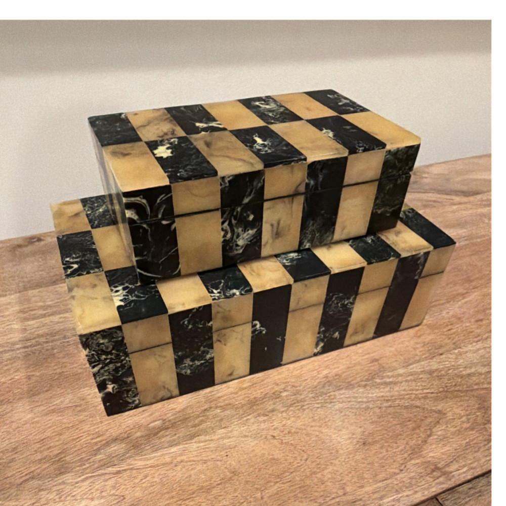 Set of 2 Rectangular Decorative Boxes with Lid Black Beige Checked