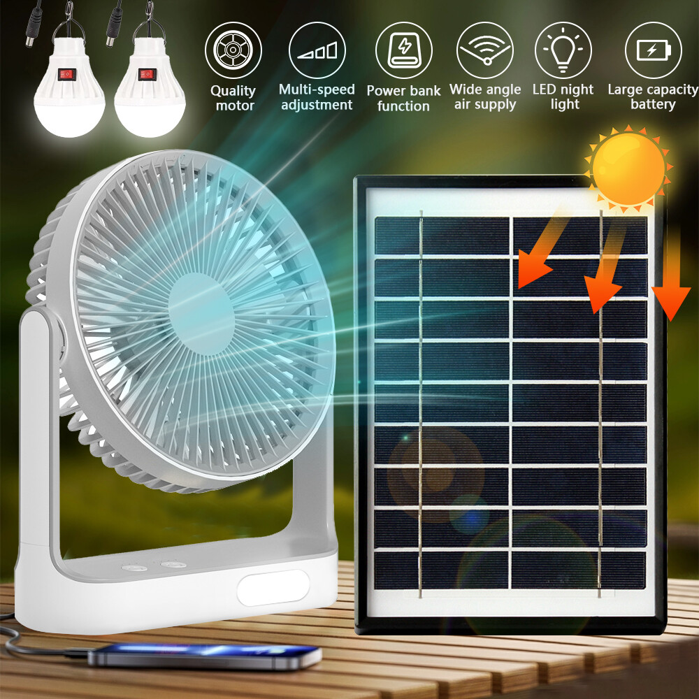 4in1 Solar Panel Powered Charging Table Fan with Light Rechargeable with 2 Bulbs