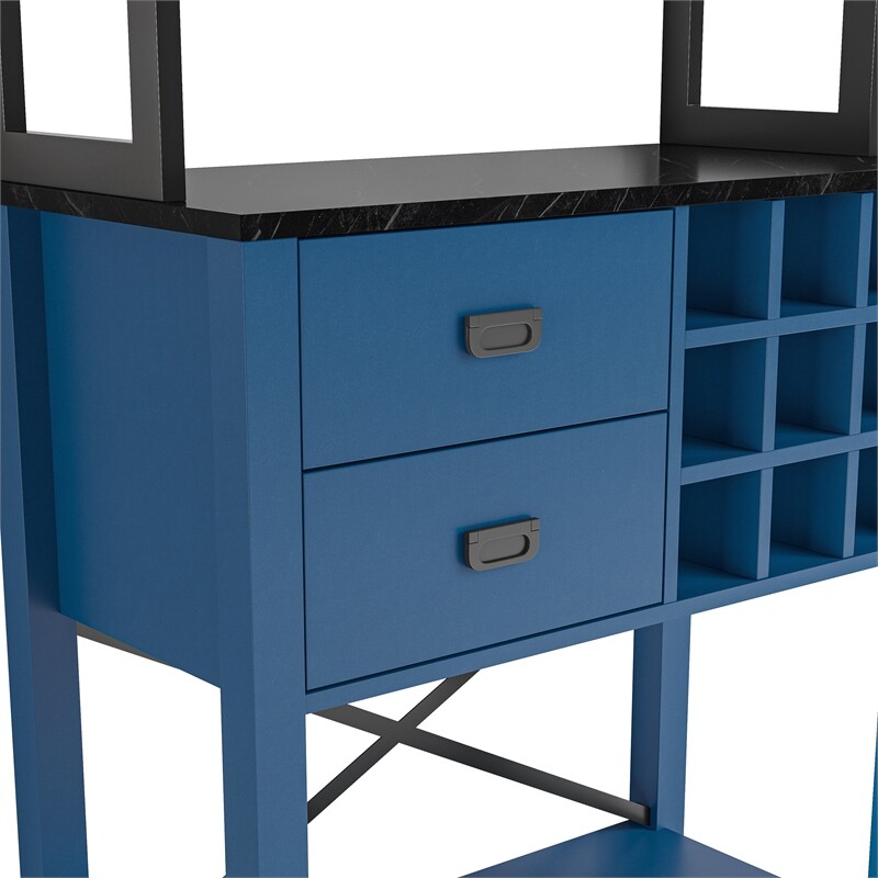 LIVILAND 32" Buffet Bar Cabinet Wine Rack w/ Marbling Pattern Countertop - Navy