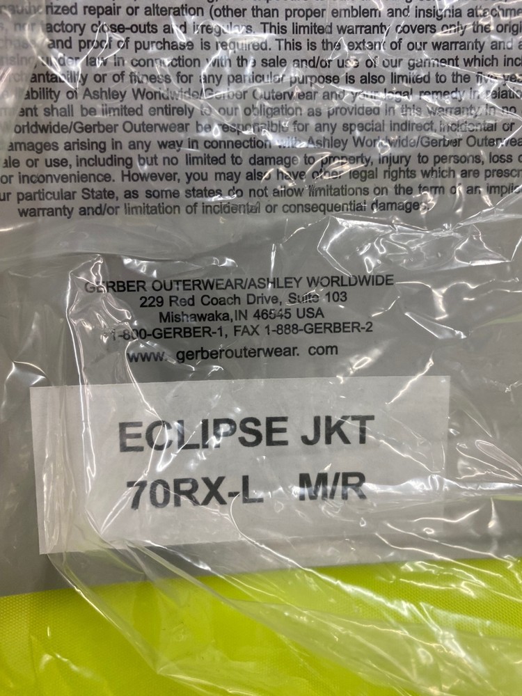 Gerber Size Medium Hi Vis Eclipse 70RX Jacket with black Softshell Liner