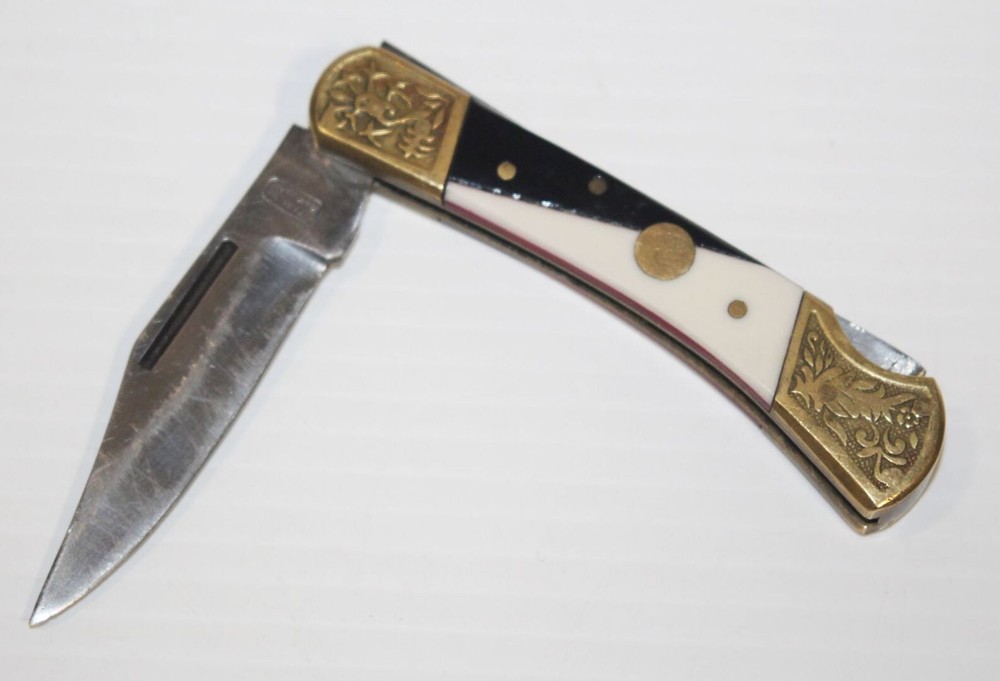 Vintage Folding Deer Hunt Knife Lockback Brass Embossed Black & White Handle