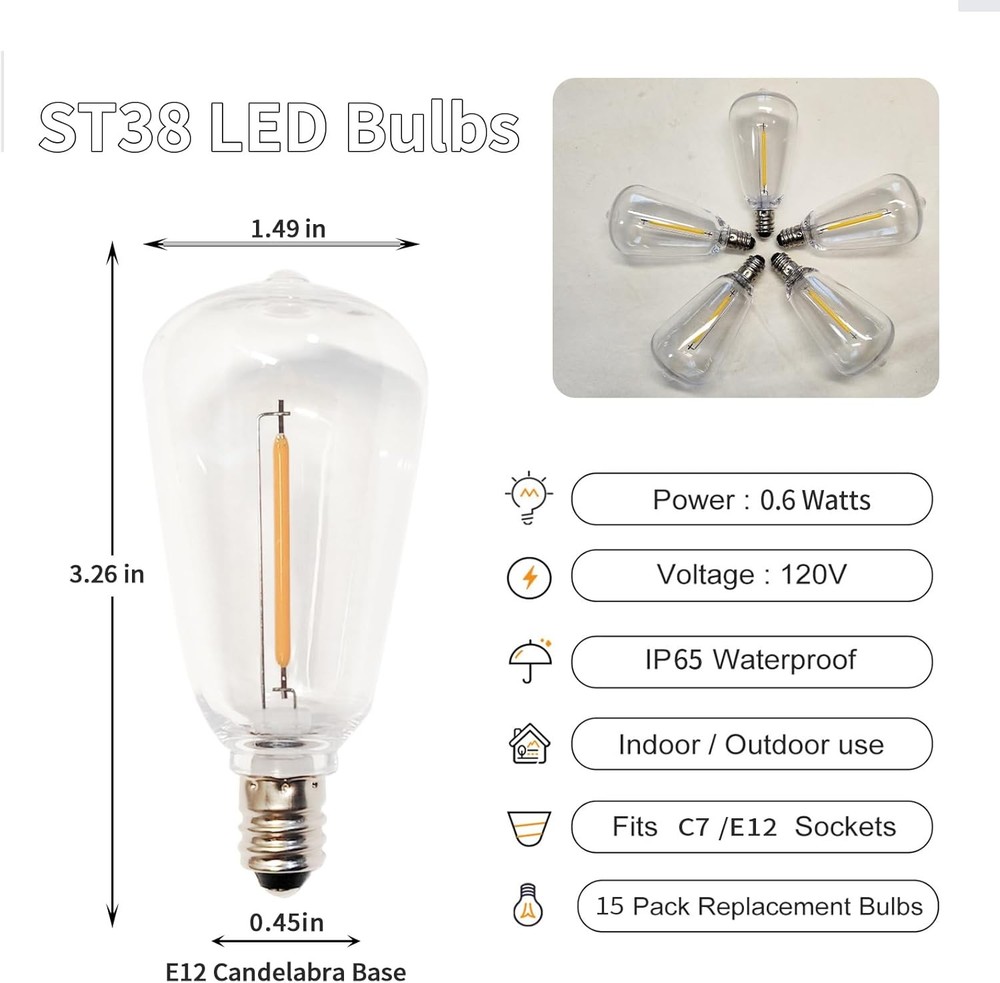 10 Pack ST38 Edison Replacement Bulbs, Warm White LED Clear Bulbs, E12 Base, Ene