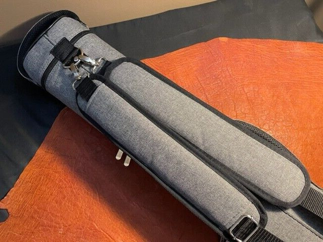 TNT 3x5 Grey Nylon Pool Cue Case. Blue interior. Back Pack Straps.
