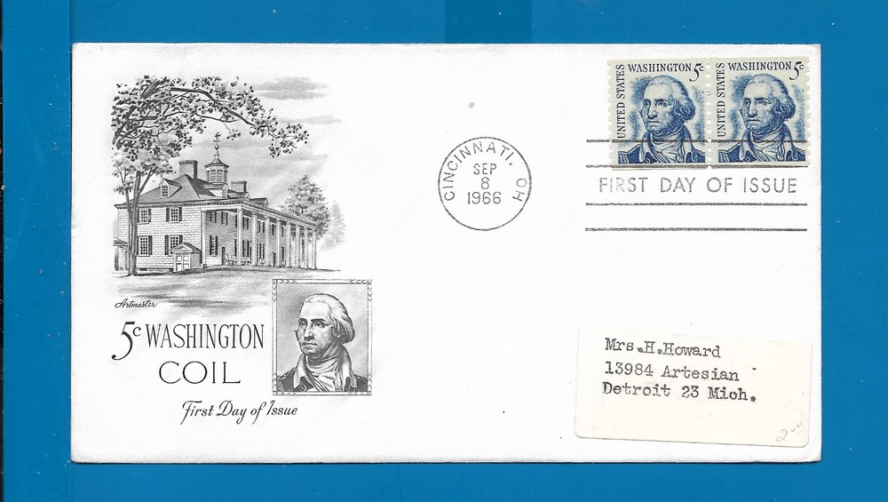 Scott 1304 Washington Coil pair Sep 8, 1966  Artmaster  FDC Lot7