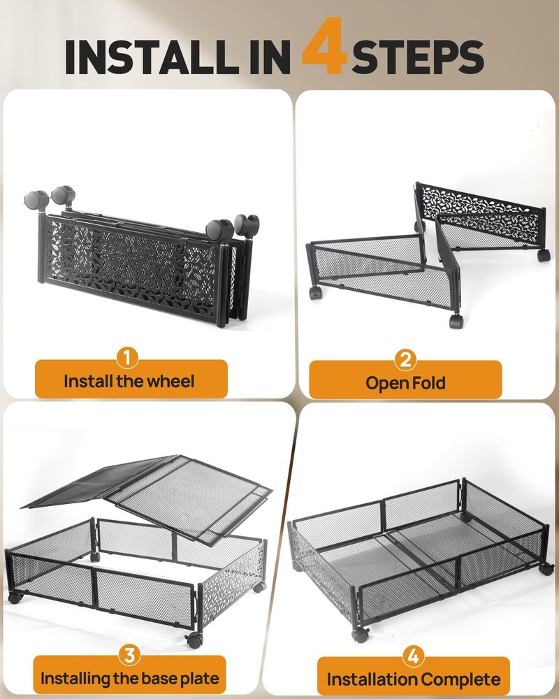 Under Bed Storage with Wheels, Foldable Pattern Carved Metal Under Bed Storag...