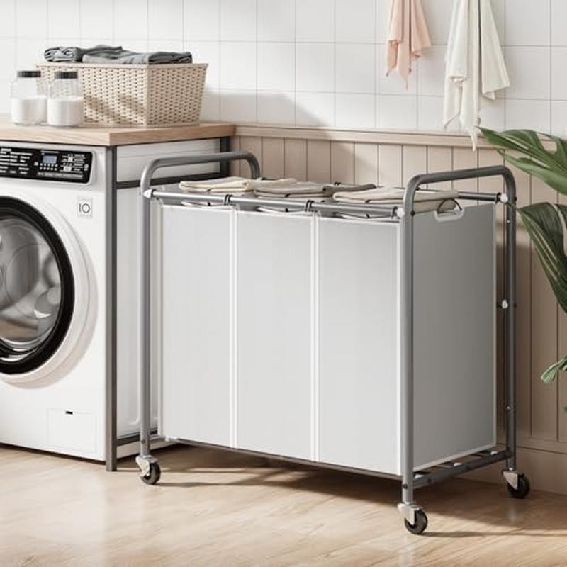 Laundry Sorter 3 Section Hamper W/ Rolling Lockable Wheels Removable Bags New