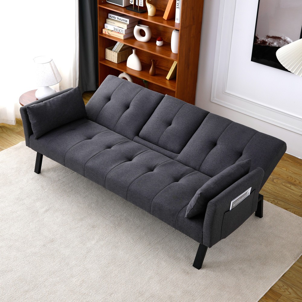 70-inch Multi-functional Cotton and Linen Sofa Bed, Foldable Side Storage