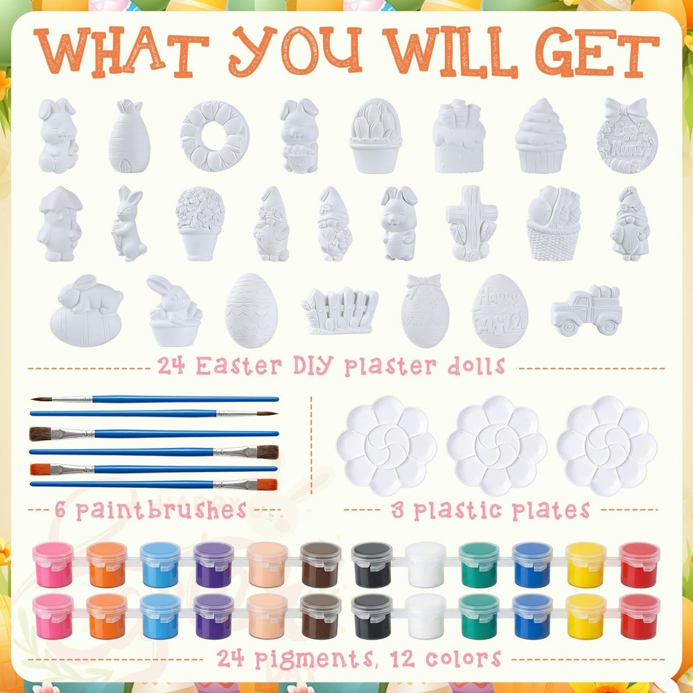 24 Piece Easter DIY Ceramic Painting Kit Unfinished Easter Bunny Egg Carrot G...