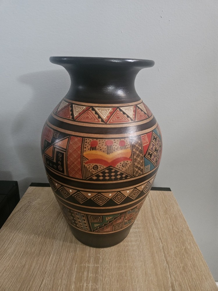 Novica Peruvian Handmade Decorative Vase with Geometric Multicolor Designs