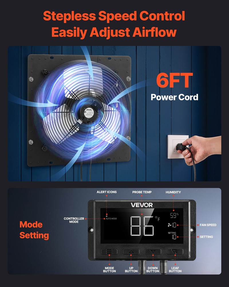 VEVOR 14 in Shutter Exhaust Fan with Smart Programming Controller Wall Mount