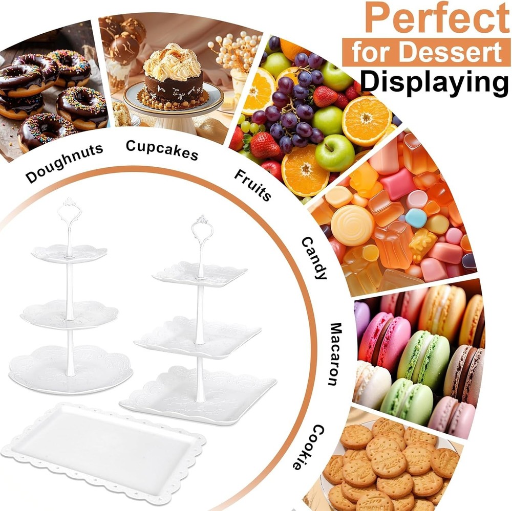Cake Stand White Plastic Dessert Table Display Set 4 Pcs 3 Tired Cupcake
