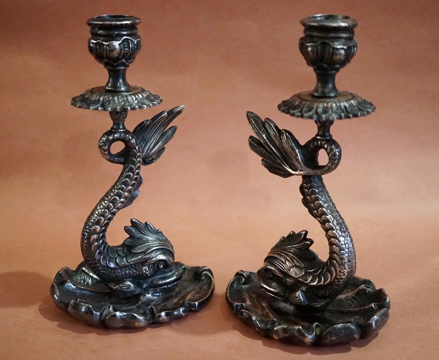Antique Silver Plated Bronze Dolphin Candlesticks L.B. Smith Co.
