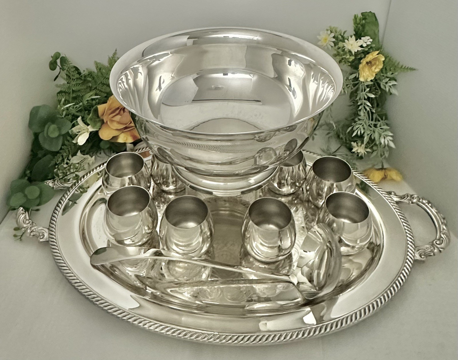 Punch Bowl Silver Plated Set Tray, Cups, Bowl, Ladle Vintage Drinkware - 14 pc