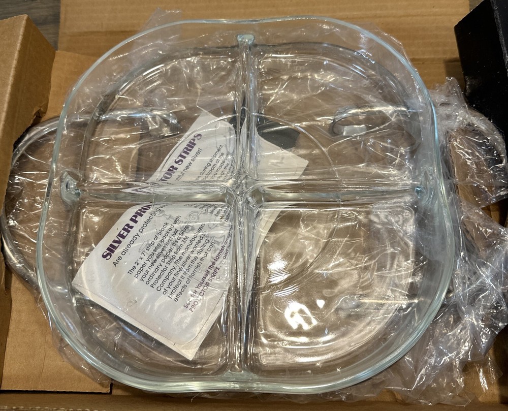 Silver plate Crystal 4 Section Server 9.25” Diameter W/ 4 SP Forks New