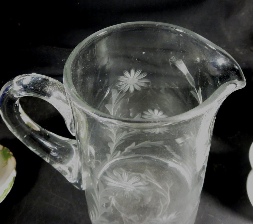 Large 8" Tall Etched Cut Crystal Pitcher Flowers