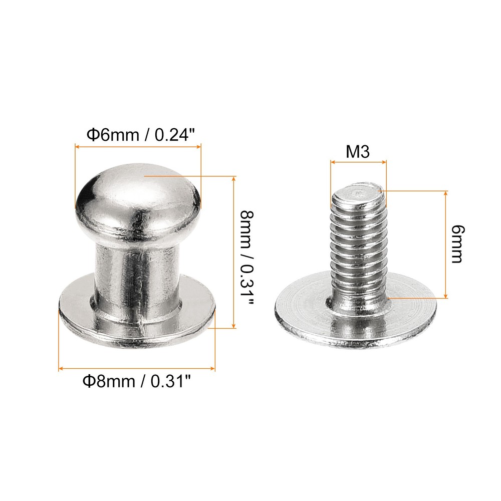20Pack 6mm Ball Head Stud Rivets Screw Back Button Nipple Rivet Silver