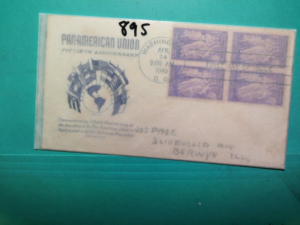 U. S. Stamp FDC 895 -Pan American Union -unsigned cachet