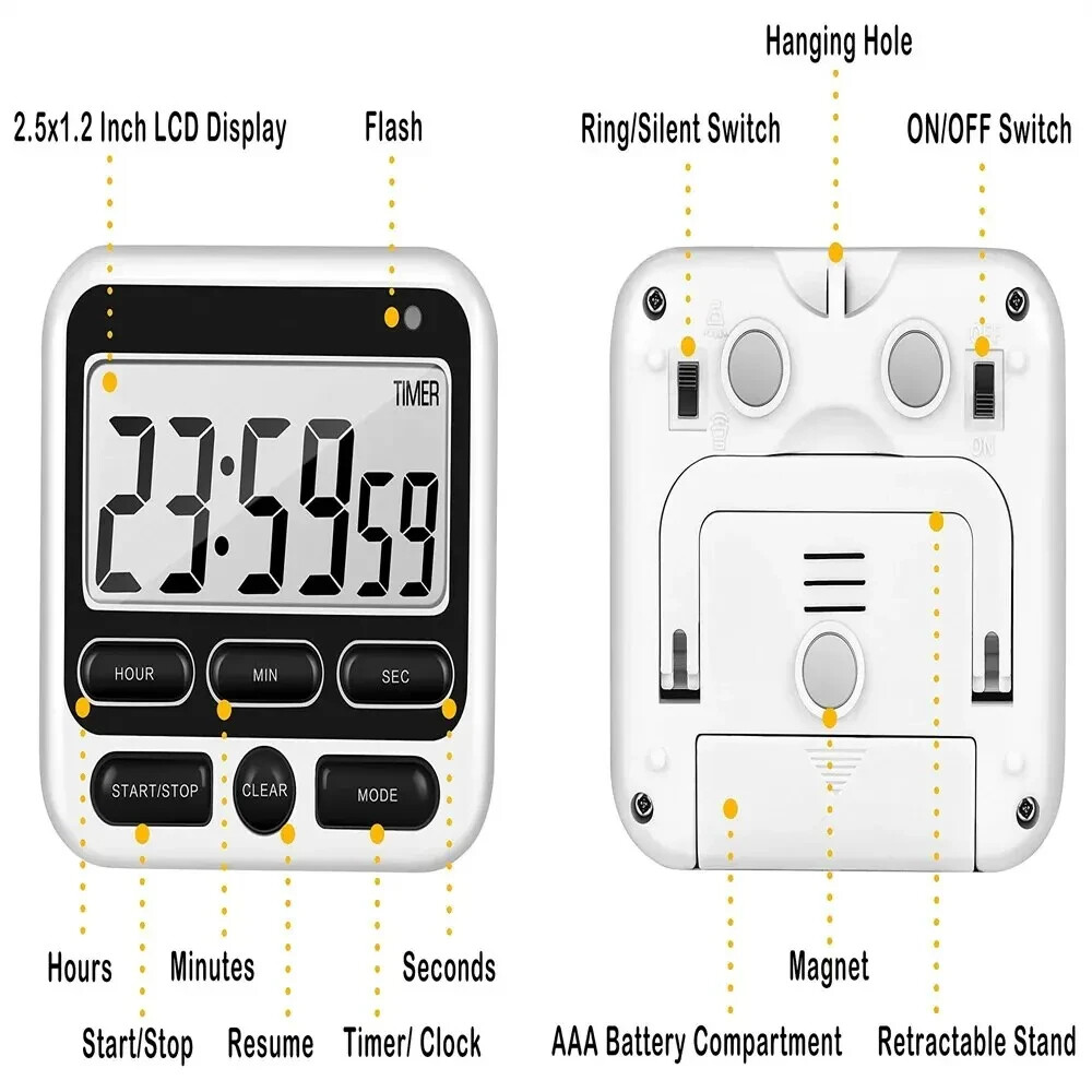 LCD Display Digital Kitchen Timer with Mute/Loud Alarm Switch ON/Off Switch 24 H